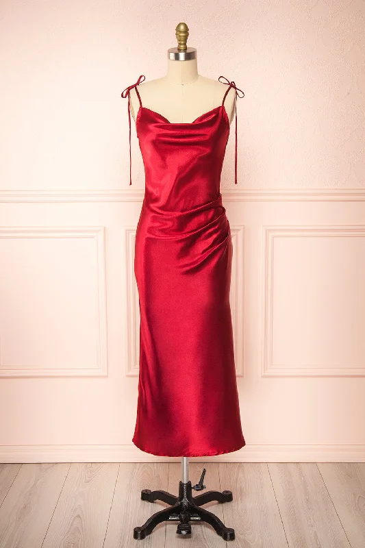 Bridesmaid dress geometric patterns modern -Elyse Burgundy | Cowl Neck Midi Dress