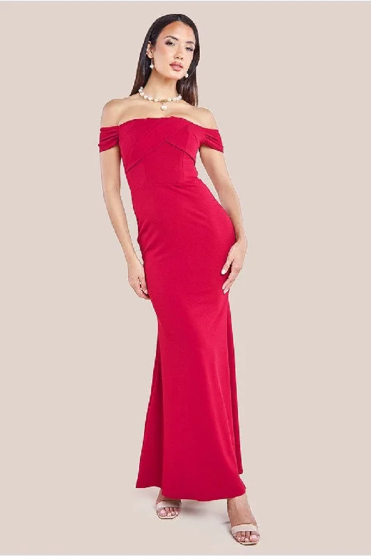 Bridesmaid dress that is age-appropriate style -Goddiva Pleated Bardot Scuba Maxi Dress - Wine Bridesmaid dress that is age-appropriate style -Goddiva Pleated Bardot Scuba Maxi Dress - Wine