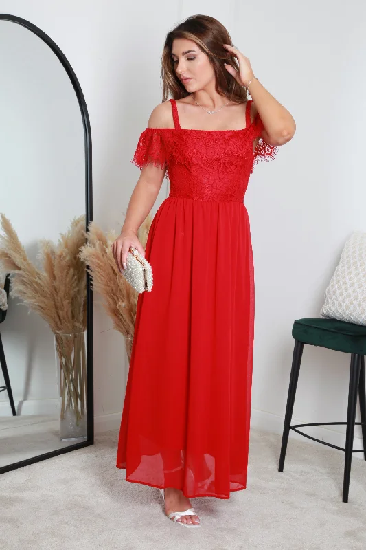 Dress for bridesmaid under $100 deals -Red Scallop Edge Off Shoulder Dress by Double Second