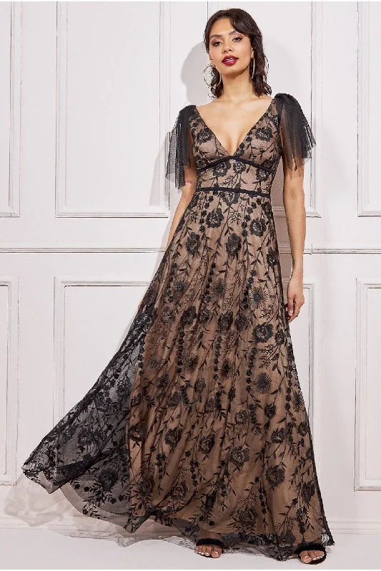 Bridesmaid dress geometric patterns modern -Goddiva Embroidered Lace Maxi Flutter Sleeves - Black Bridesmaid dress geometric patterns modern -Goddiva Embroidered Lace Maxi Flutter Sleeves - Black