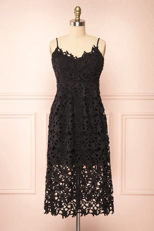 Bridesmaid dress with statement sleeves styles -Avelina Black | Lace Midi Dress