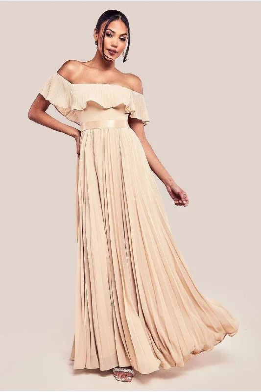 soft pink bridesmaid dresses for sweet style-Goddiva Pleated Chiffon Off Shoulder Maxi Dress - Beige soft pink bridesmaid dresses for sweet style-Goddiva Pleated Chiffon Off Shoulder Maxi Dress - Beige