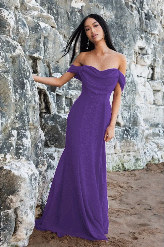 perfect bridesmaid dresses for different body types-Goddiva Chiffon Bardot Cowl Neck Maxi Dress - Purple perfect bridesmaid dresses for different body types-Goddiva Chiffon Bardot Cowl Neck Maxi Dress - Purple