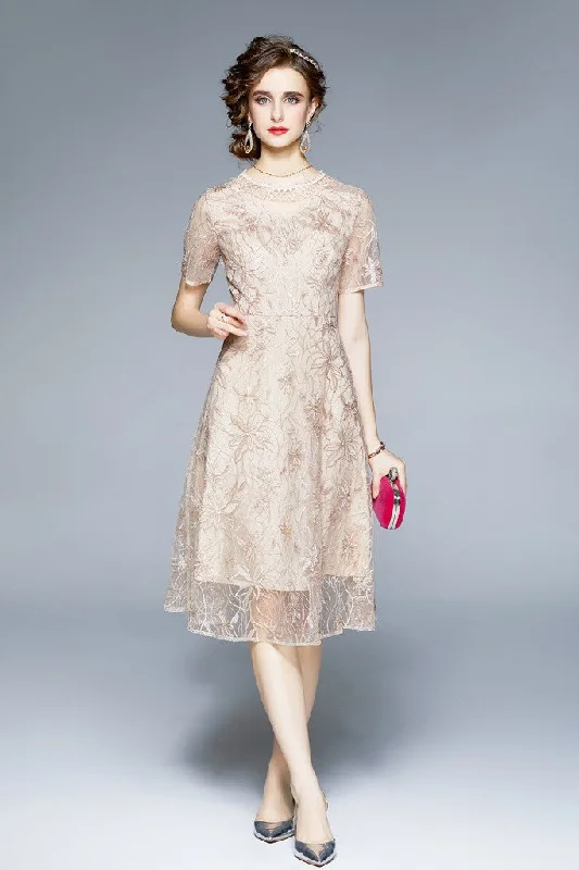 evening dress for art exhibitions-Apricot Evening A-line Crewneck Short Sleeve Below Knee Lace Dress evening dress for art exhibitions-Apricot Evening A-line Crewneck Short Sleeve Below Knee Lace Dress