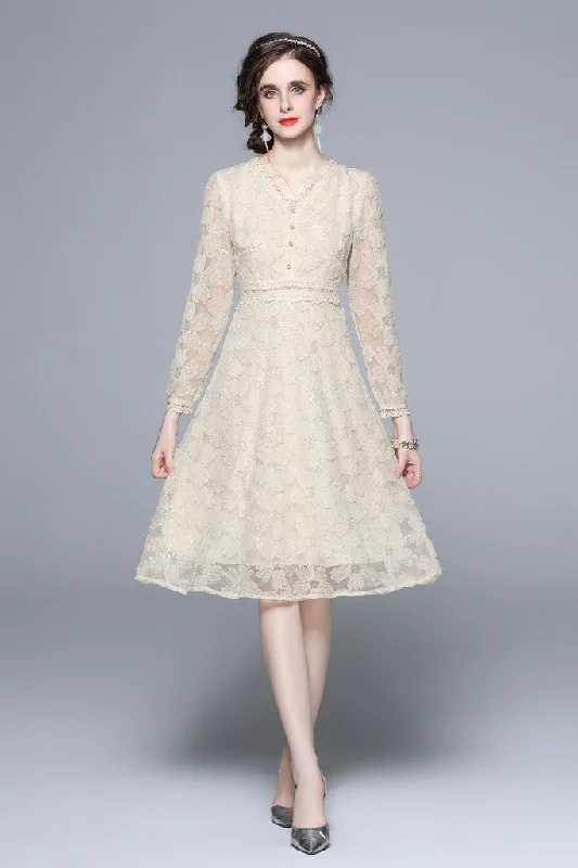 evening dress for launch parties-Apricot Evening A-line V-neck Short Sleeve Below Knee Lace Floral Dress evening dress for launch parties-Apricot Evening A-line V-neck Short Sleeve Below Knee Lace Floral Dress