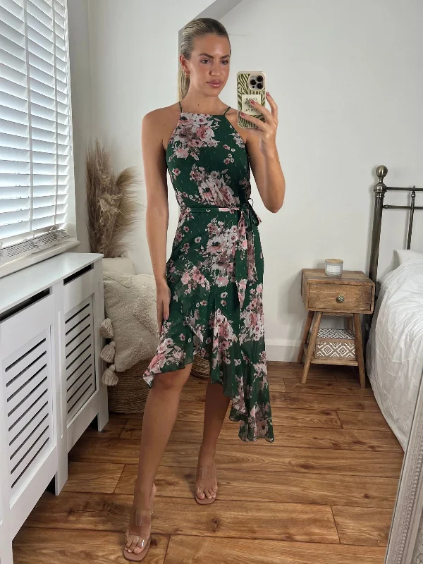 Best dress for party occasions -Ariana Halter Frill Dress / Chiffon Green Floral