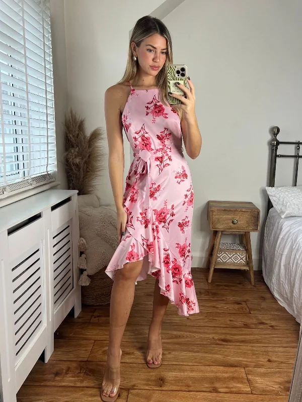 Dress for party trendy style -Ariana Halter Frill Dress / Blush Floral