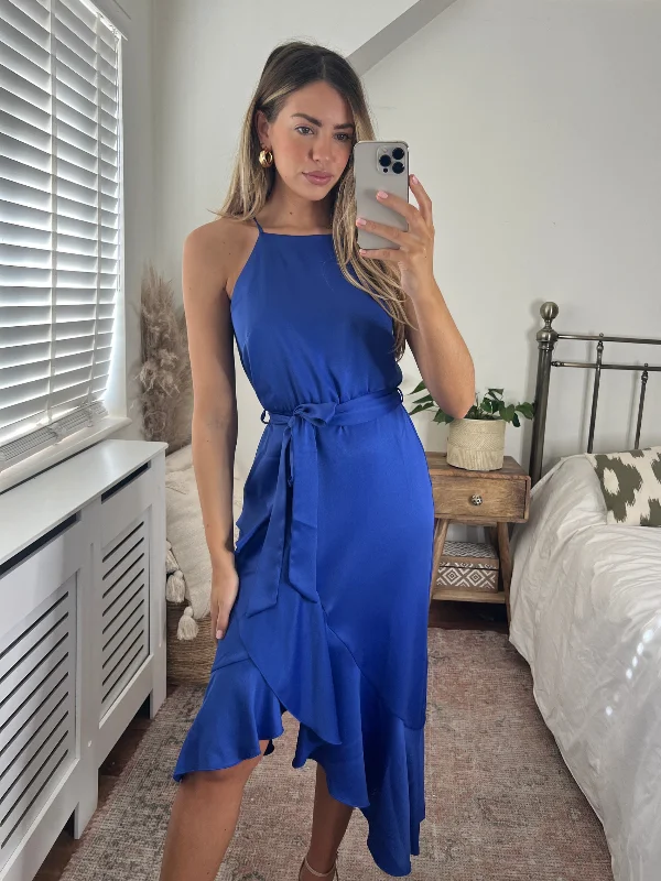Party dress in floral print -Ariana Halter Frill Dress / Cobalt Blue