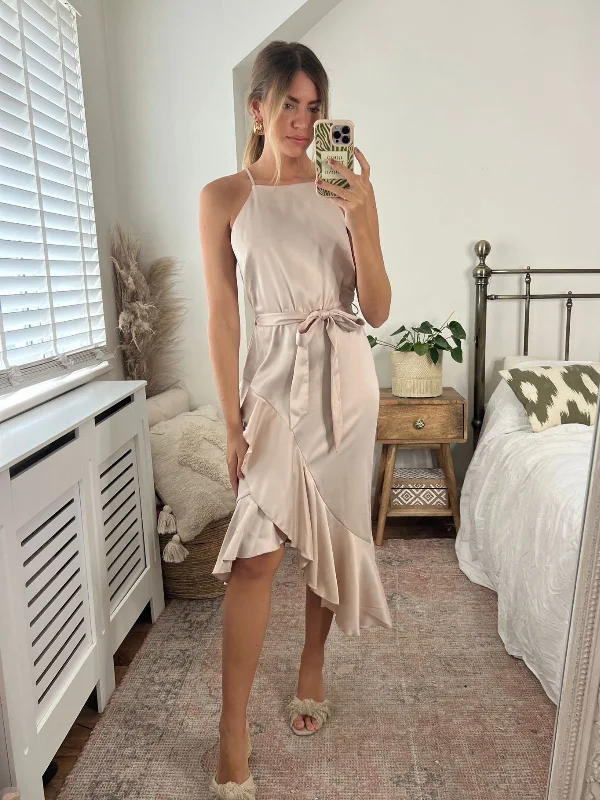 Party dress with a halter neckline -Ariana Halter Frill Dress / Oyster