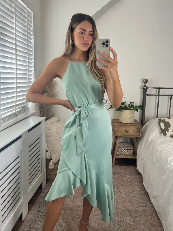 Party dress in velvet fabric -Ariana Halter Frill Dress / Sage