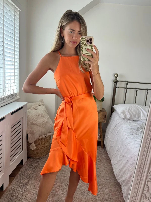 Party dress that is Instagram worthy -Ariana Halter Frill Dress / Tangerine