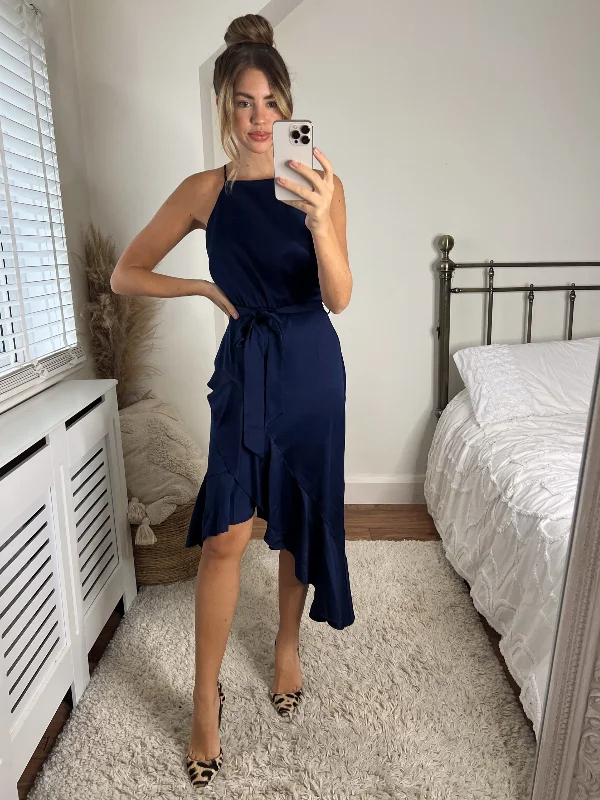 Party dress that looks expensive -Ariana Halter Frill Dress / Navy