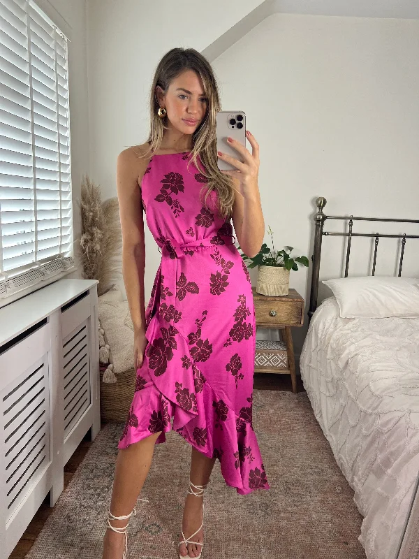 Dress for party formal black tie -Ariana Halter Frill Dress / Mulberry Floral Print