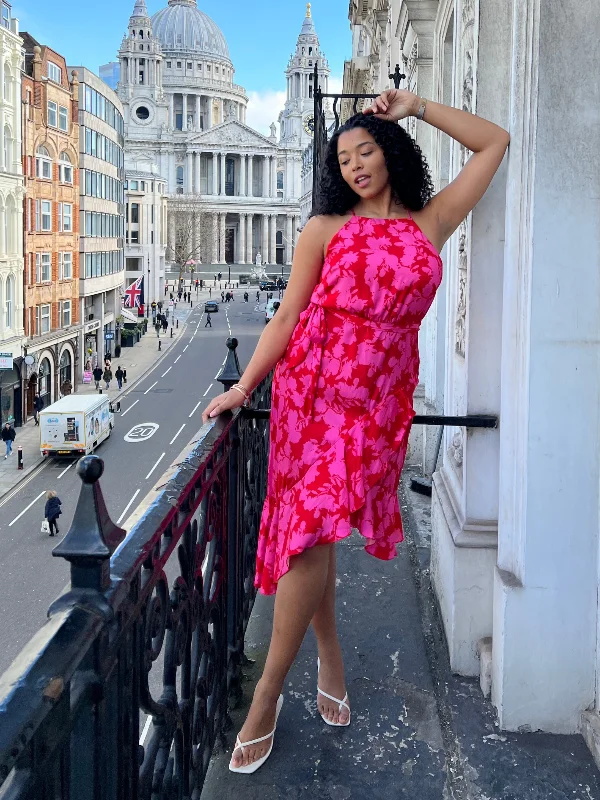 Dress for party modern style -Ariana Halter Frill Dress / Pink Floral Print