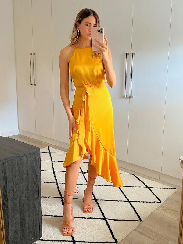 Dress for party petite women -Ariana Halter Frill Dress / Golden Yellow