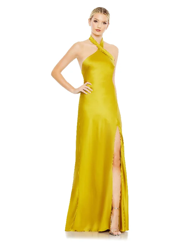 Party dress in neon colors -Asymmetrical Crisscross Halter Gown