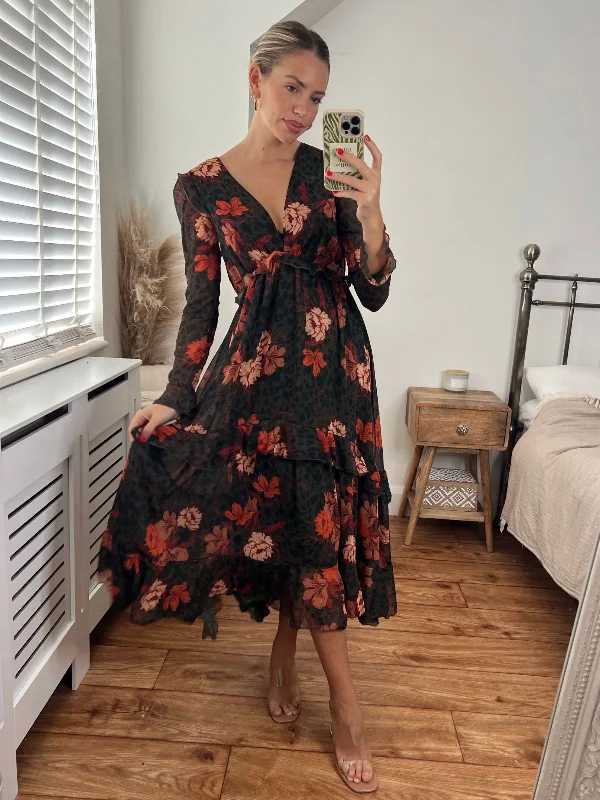 Dress for party plus size women -Birdie Frill Tie Back Dress / Orange and Khaki
