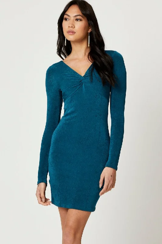 Dress for party summer season -Blue Slinky Jersey Twist Front Dress