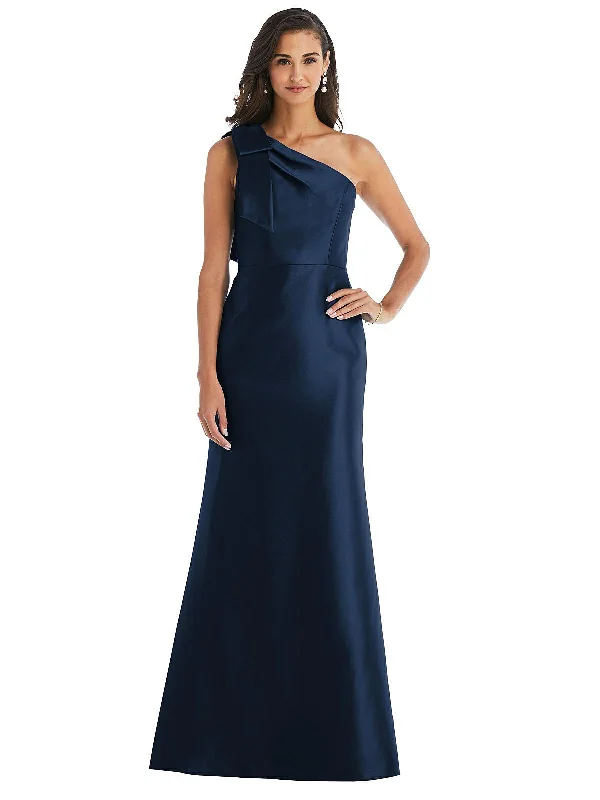 Party dress with a square neckline -Bow One-Shoulder Satin Trumpet Gown