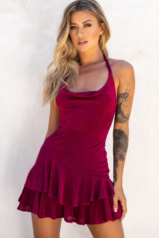high-neck evening gowns for modesty-Bring On The Night Cowl Halterneck Dress Plum