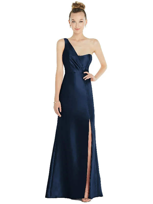 Party dress that is attention-grabbing -Draped One-Shoulder Satin Trumpet Gown with Front Slit Party dress that is attention-grabbing -Draped One-Shoulder Satin Trumpet Gown with Front Slit