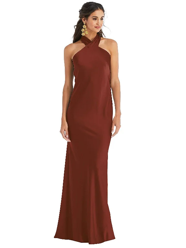 Party dress in metallic shades -Draped Twist Halter Tie-Back Trumpet Gown