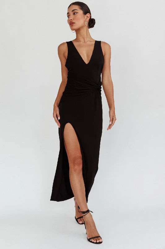 Party dress with a charitable aspect -Eternal Waist Twist Split Dress Black