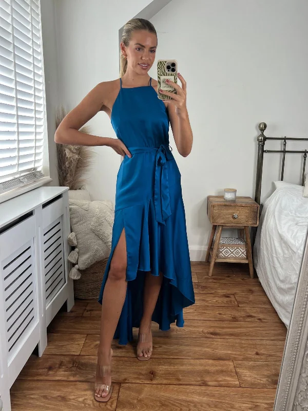 Party dress with a plunging neckline -Fleur High Low Satin Dress / Peacock Blue