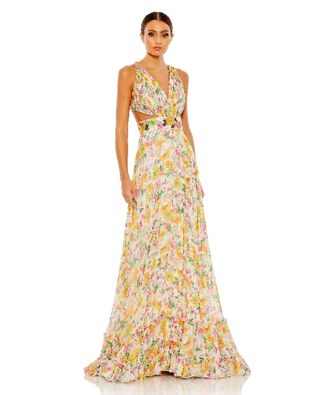 Party dress with high-quality materials -Floral Print Cut Out Lace Up Tiered Gown
