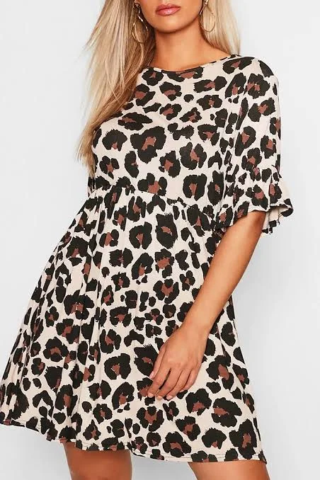 Party dress that hides belly fat -Leopard Print Smock Dress Top