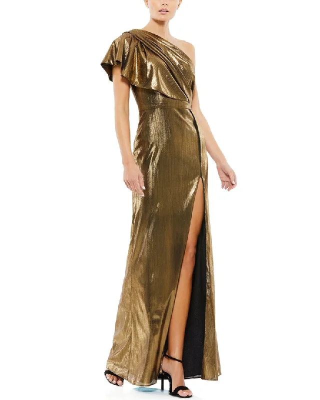 Party dress for an anniversary dinner -Mac Duggal Metallic Ruffle One-Shoulder Gown