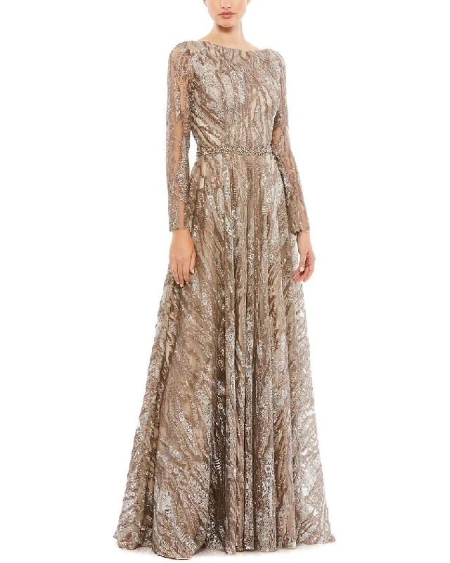 Party dress with sleeves for winter -Mac Duggal Sequin Bateau A Line Gown