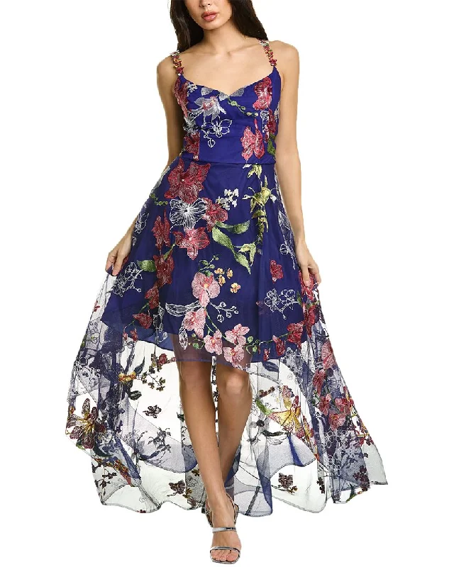 Party dress with an asymmetrical hemline -Marchesa Notte Floral Embroidered Gown