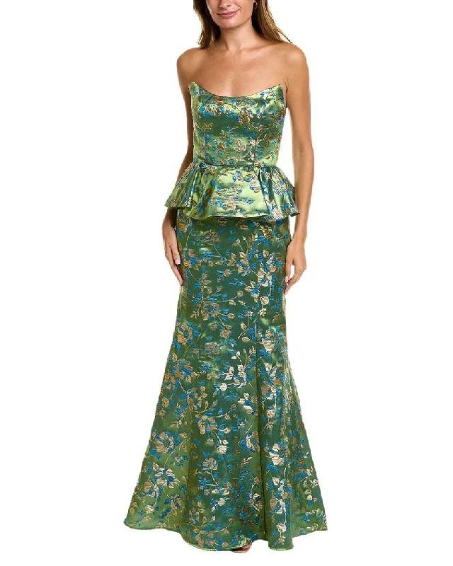 Party dress with easy returns -Marchesa Notte Jacquard Peplum Gown