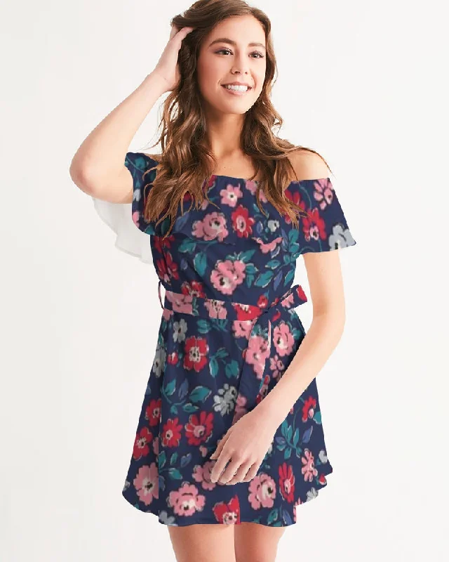 evening gowns with side draping-Midnight blue pretty glance. Women's All-Over Print Off-Shoulder Dress evening gowns with side draping-Midnight blue pretty glance. Women's All-Over Print Off-Shoulder Dress