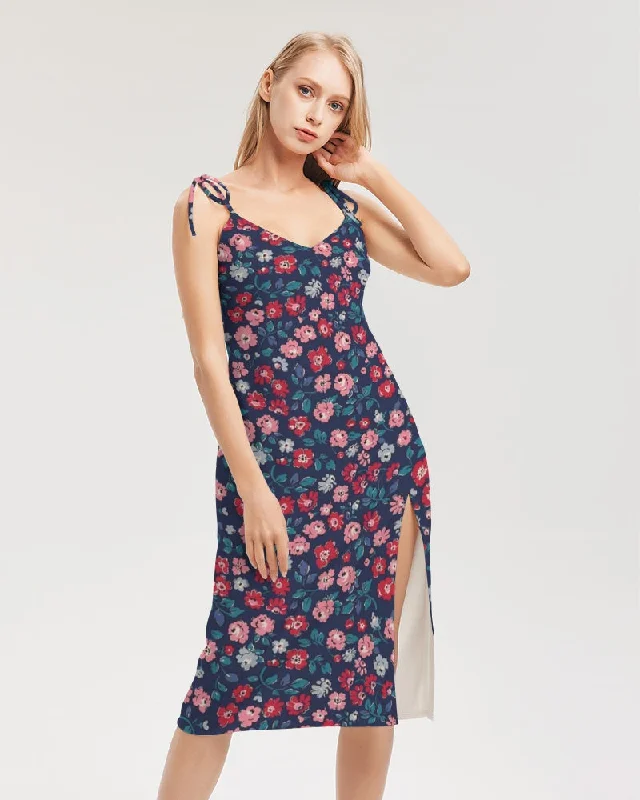 evening dress for gallery openings-Midnight blue pretty glance.  Women's All-Over Print Tie Strap Split Dress