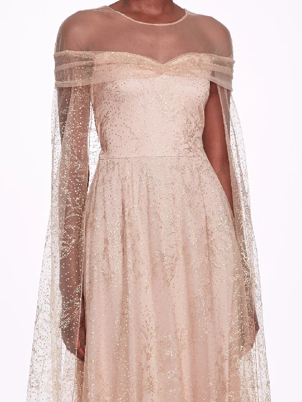 Party dress that elongates legs -Off-Shoulder Glitter Cape Gown
