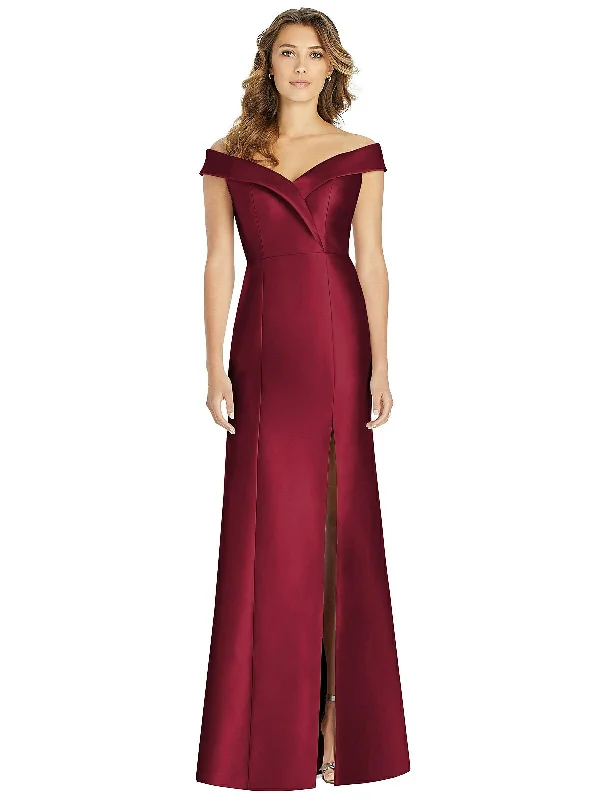 Party dress for a casual gathering -Off-the-Shoulder Cuff Trumpet Gown with Front Slit Party dress for a casual gathering -Off-the-Shoulder Cuff Trumpet Gown with Front Slit