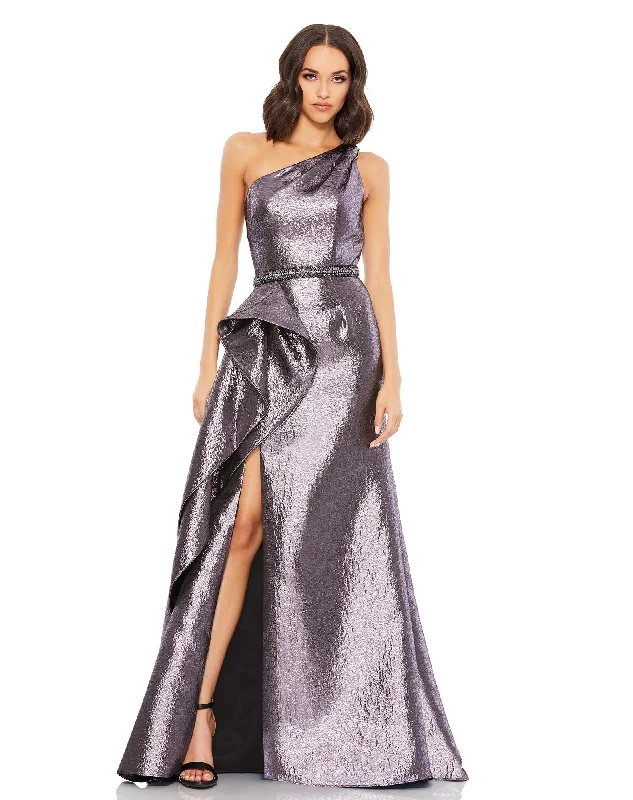 evening gowns with side sashes-One Shoulder Metallic Ruffled Evening Gown
