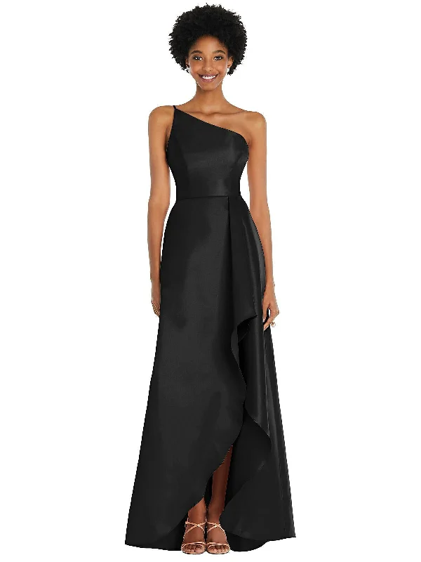 Party dress that is versatile -One-Shoulder Satin Gown with Draped Front Slit and Pockets Party dress that is versatile -One-Shoulder Satin Gown with Draped Front Slit and Pockets
