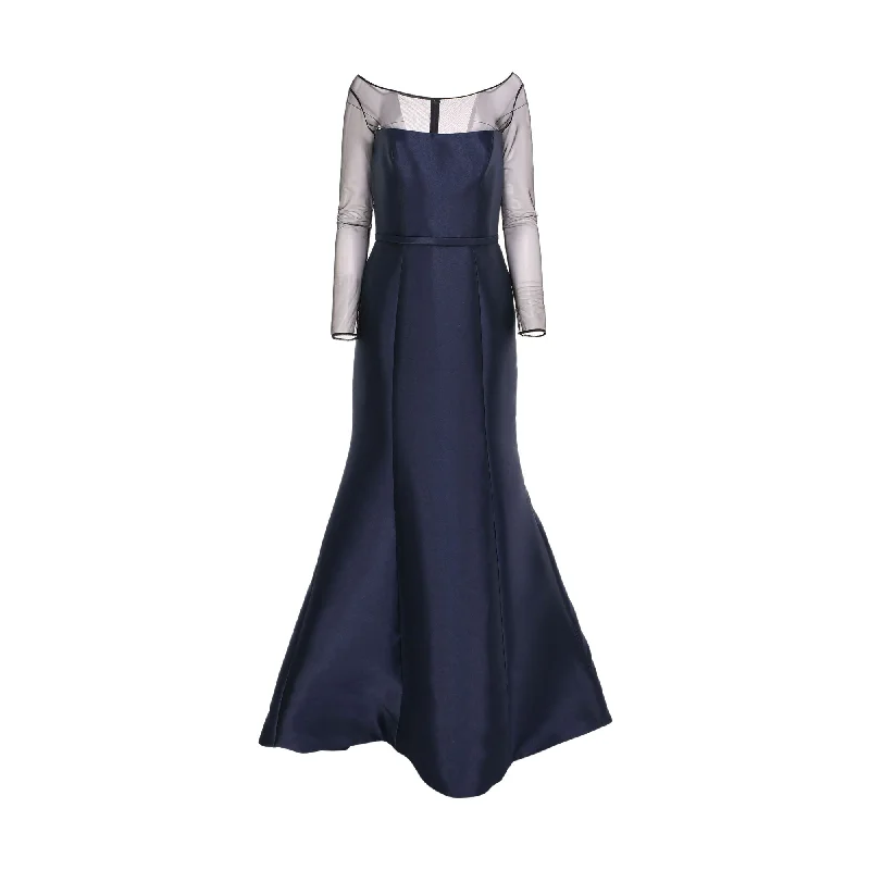 embroidered cuffs evening dresses-AMSALE Women's Tulle Boat Neck Evening Gown