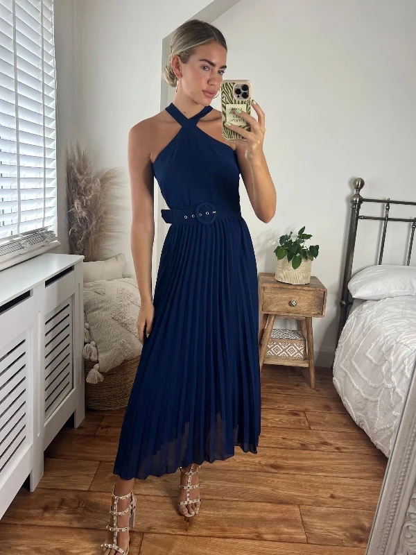 Party dress that balances proportions -Paige Halter Pleated Belted Dress / Navy