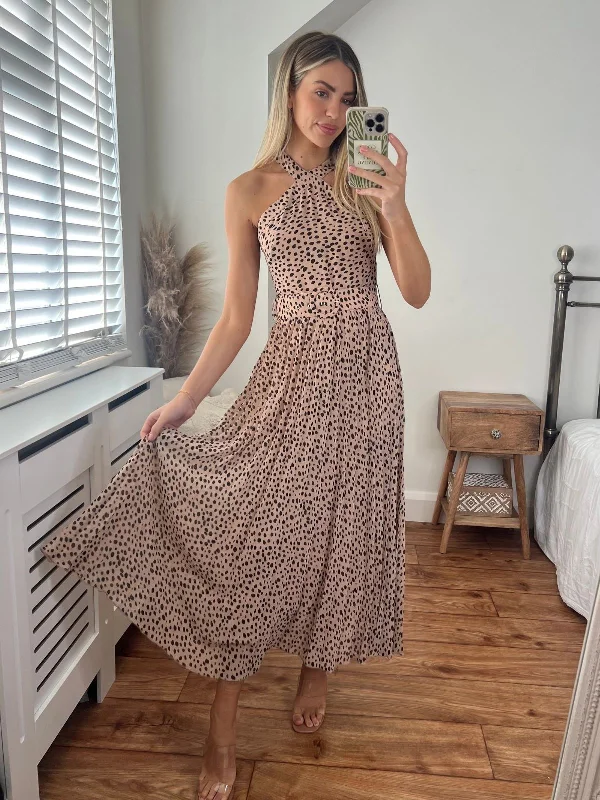Dress for a Christmas party -Paige Halter Pleated Belted Dress / Neutral Animal Print Dress for a Christmas party -Paige Halter Pleated Belted Dress / Neutral Animal Print