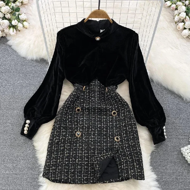 Dress for party lively celebration -Reina Velvet and Tweed Dress