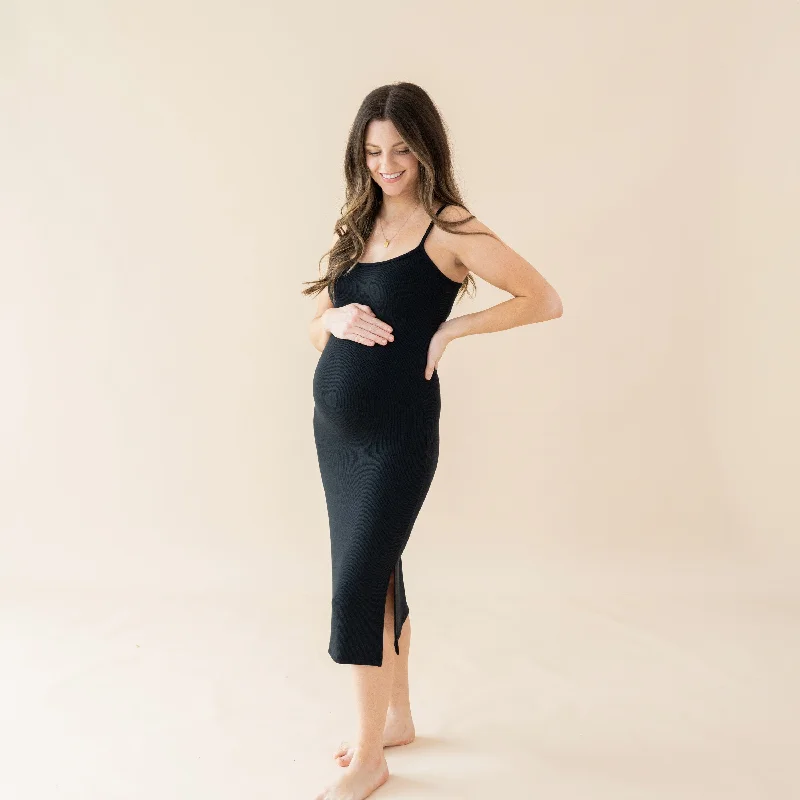 faux fur stole with evening dress-Women's Ribbed Cami Dress in Midnight