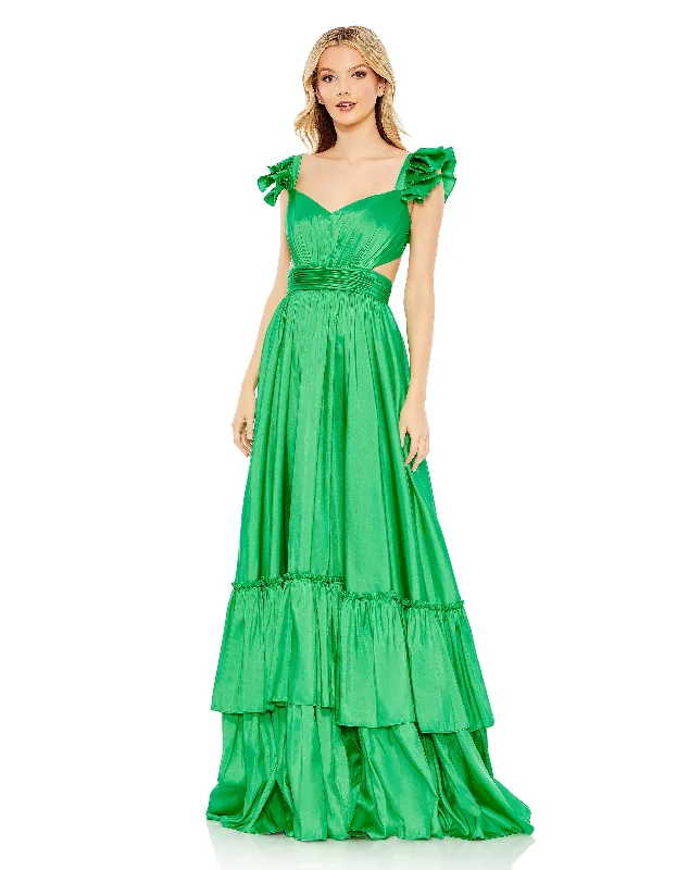 Party dress in pastel colors -Ruffle Shoulder Cut Out Gown