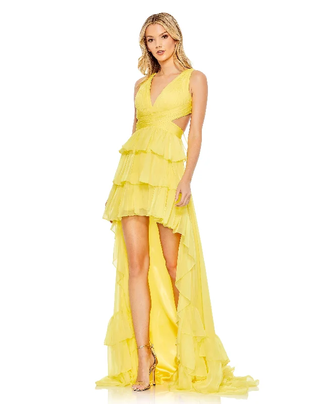Dress for party maxi style -Ruffle Tiered Cross Over High Low Gown