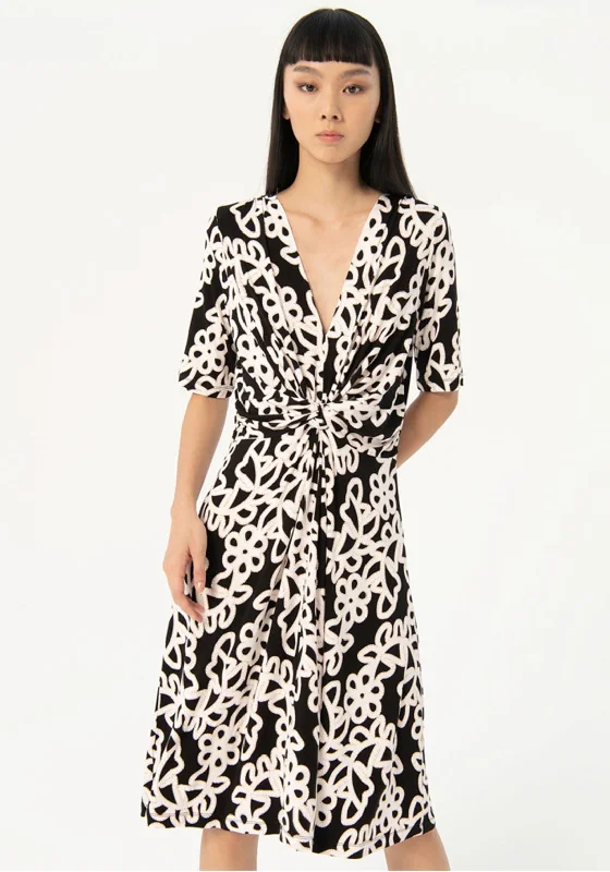 Dress for party modern style -Surkana Twist Waist Printed Knee Length Dress, Black