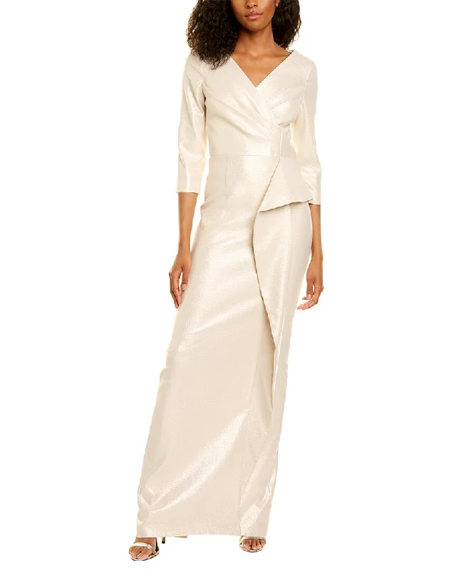 Party dress with a high neckline -Teri Jon by Rickie Freeman Jacquard Peplum Gown