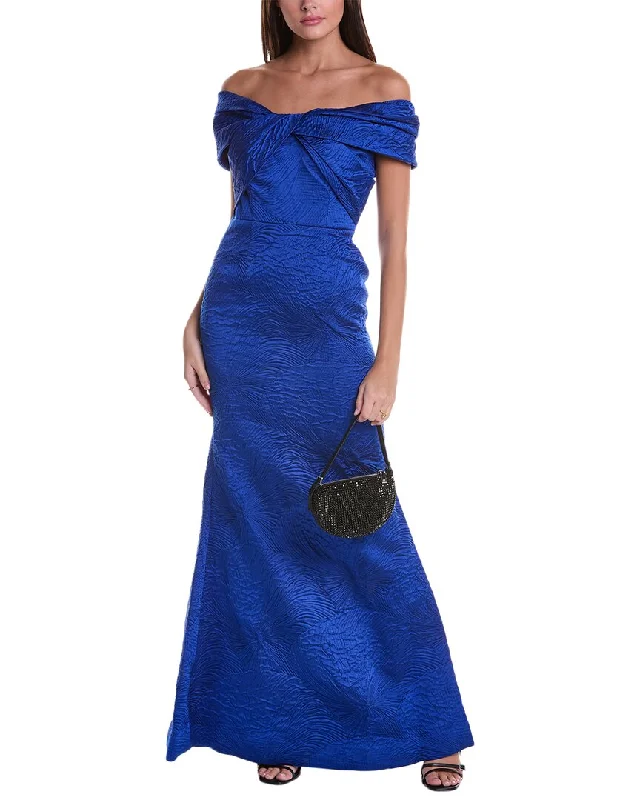 Party dress with a train detail -Teri Jon by Rickie Freeman Off-The-Shoulder Gown